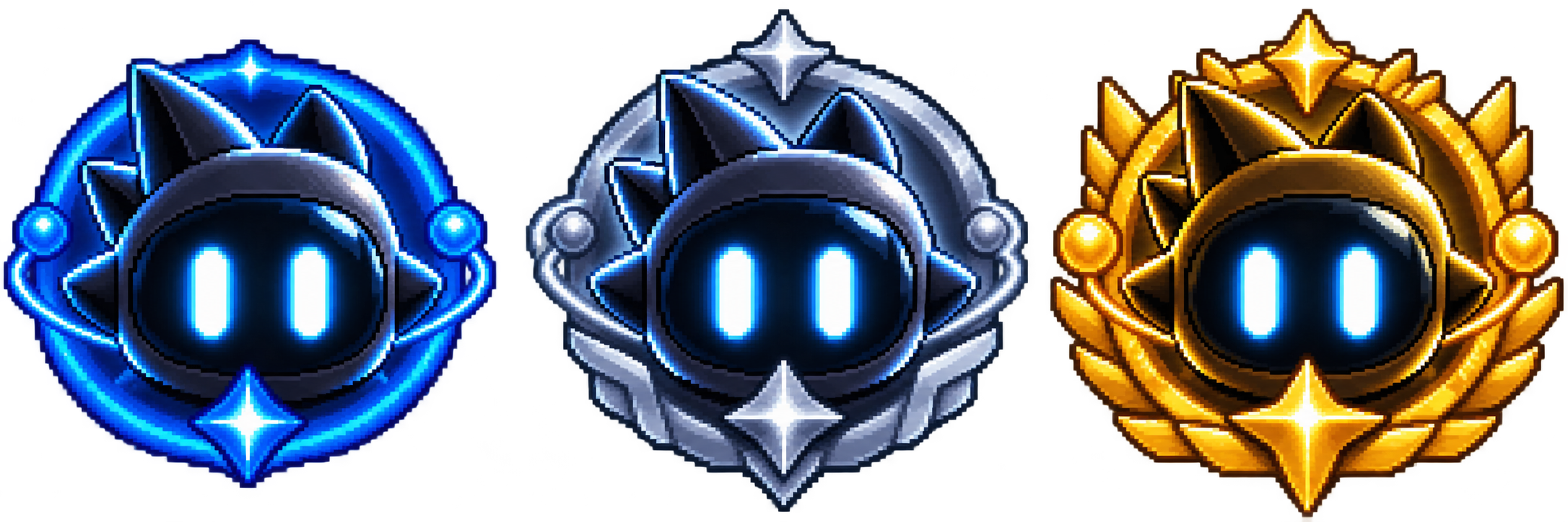 Blue, silver and gold pixel Dmomo badge concepts